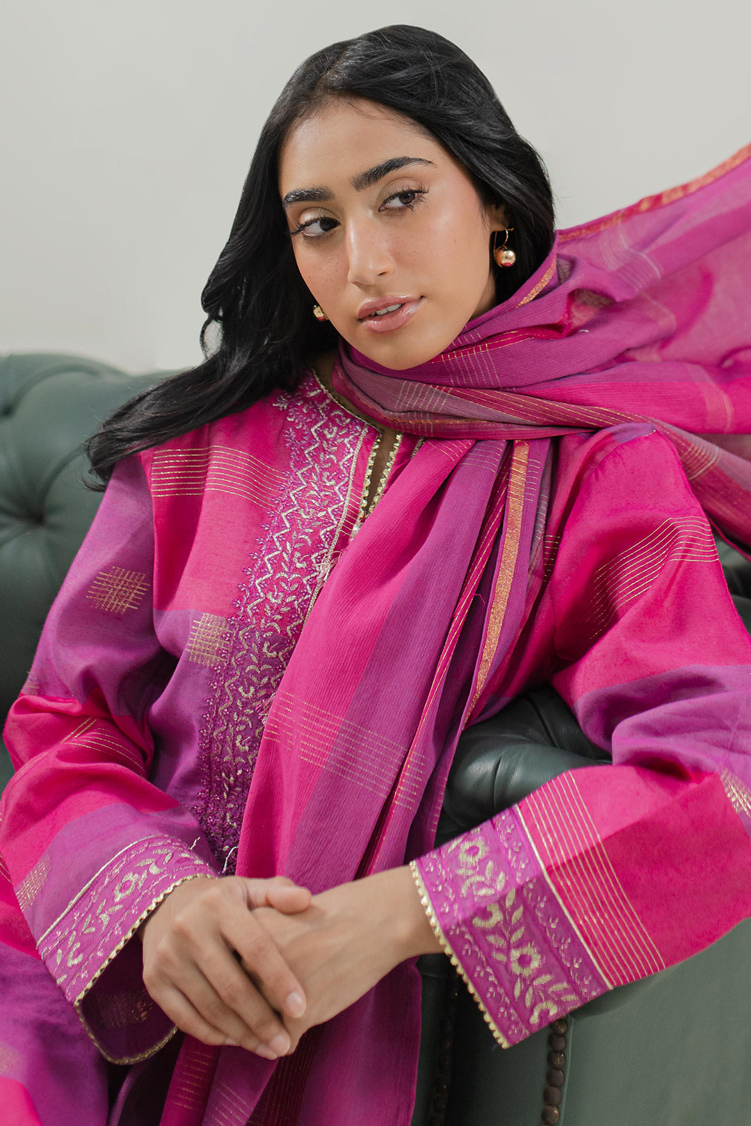 Women Mustard Stripe Printed Kurta Trouser Dupatta