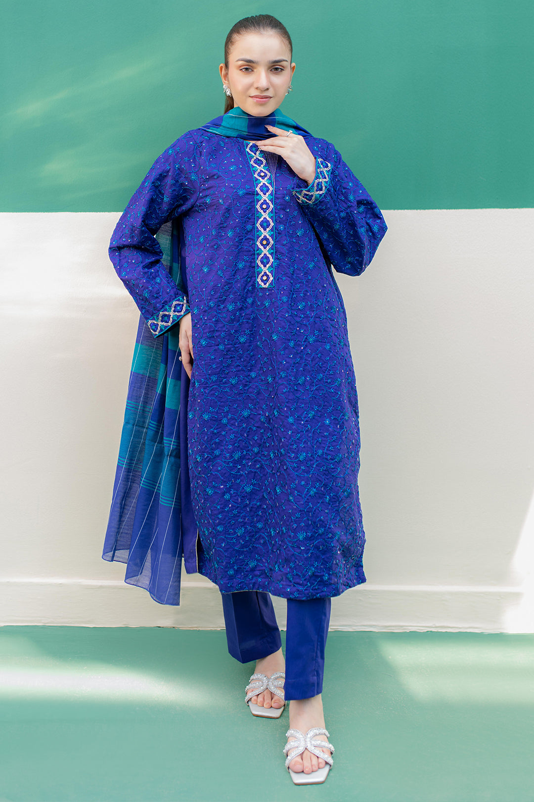 Embroidered Kurta,Printed Dupatta And Trouser Set