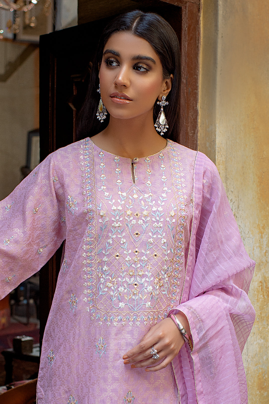 Pink Embroidered Shirt Shalwar Dupatta Zari Jacquard