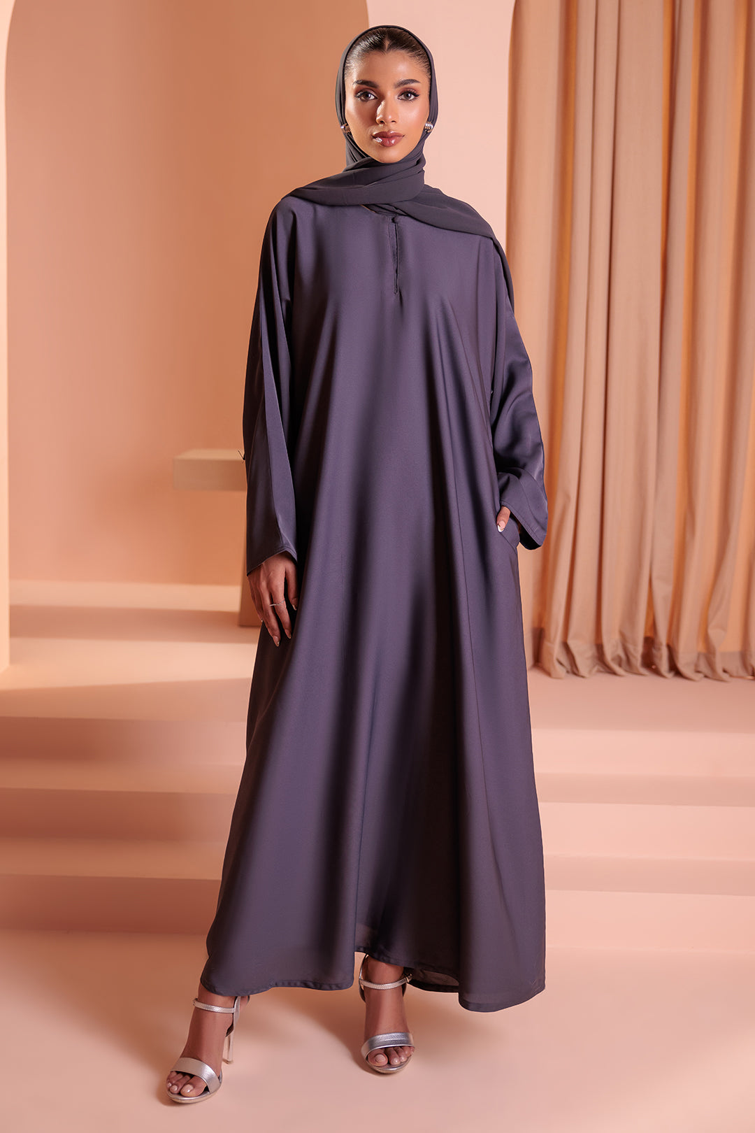 Single Button Plain Abaya with Pocket - 5003