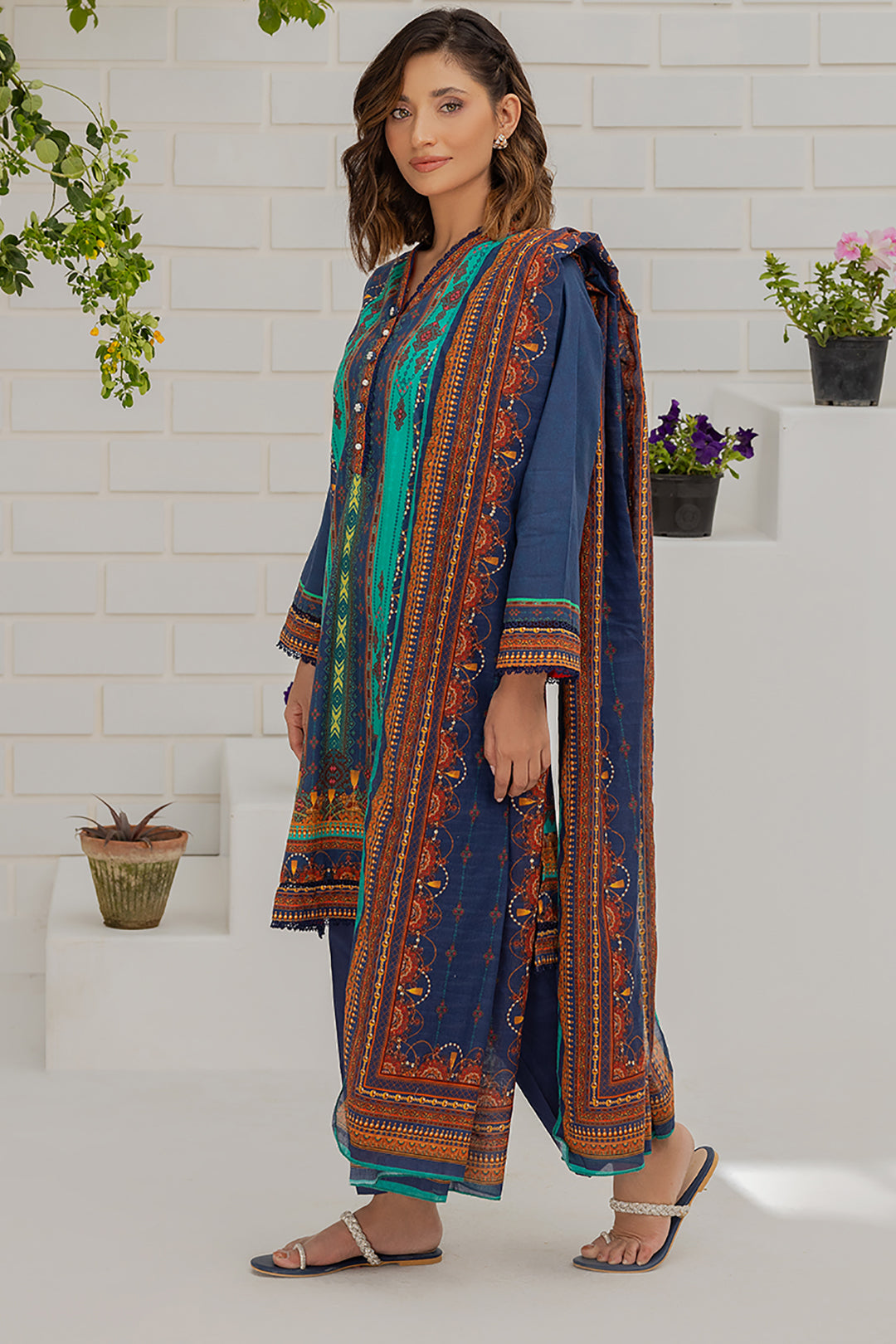 3 Piece Blue Cambric Kurta Dupatta Trouser - Ready to Wear - Zellbury