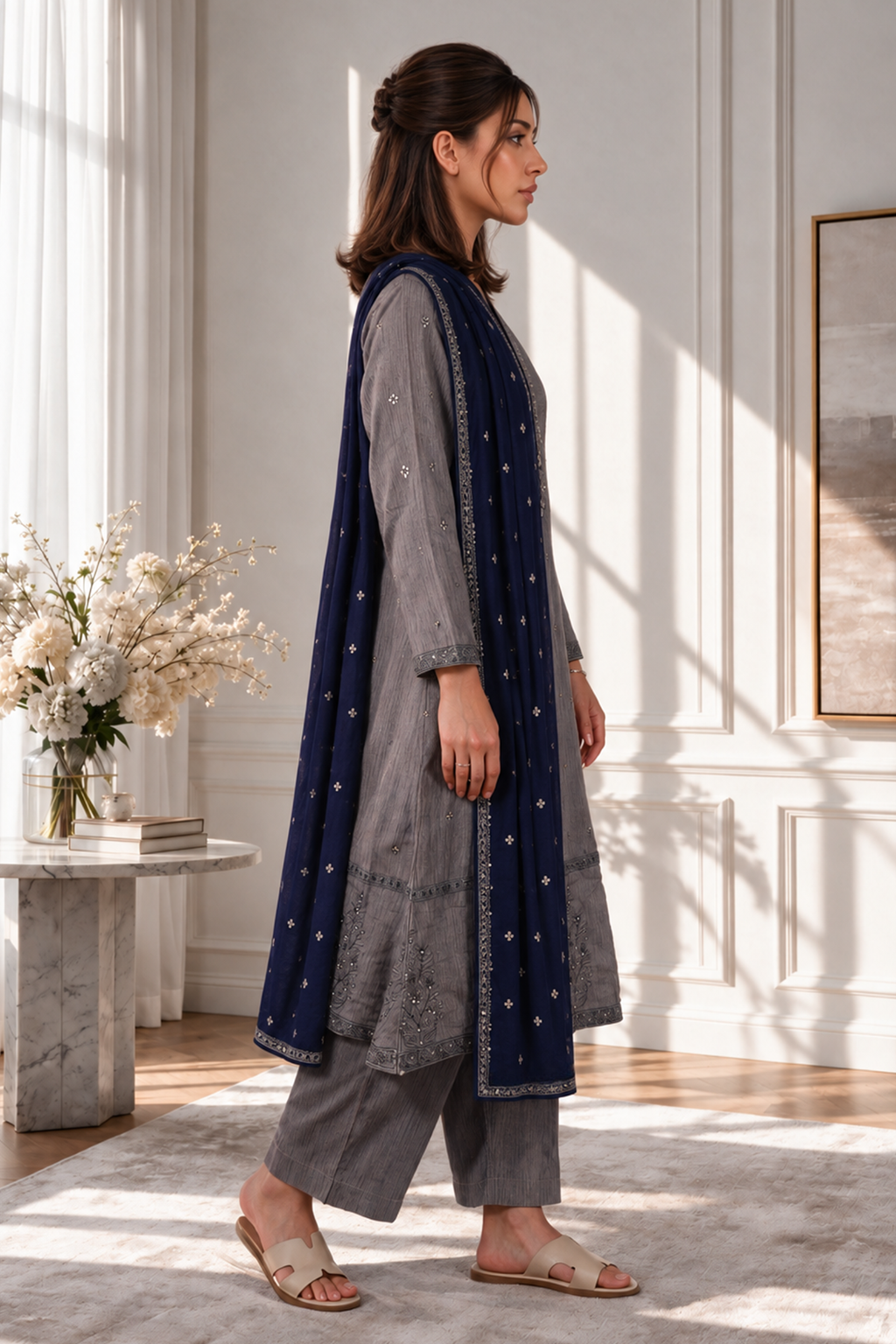 Embroidered Kurta Shawl Trouser - 3416