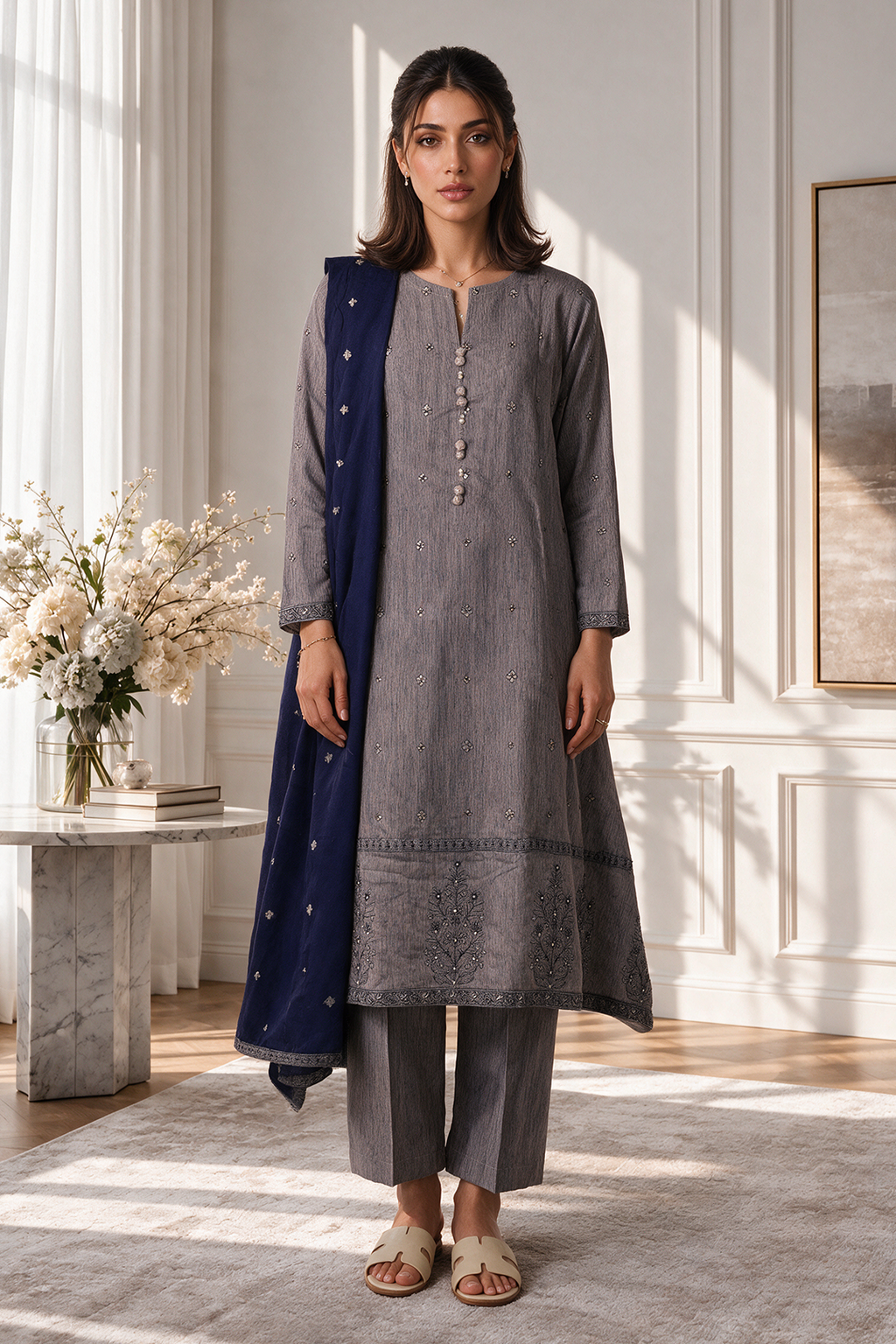 Embroidered Kurta Shawl Trouser - 3416