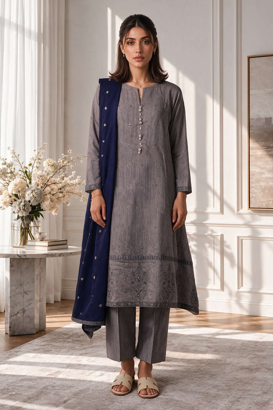 Embroidered Kurta Shawl Trouser - 3416