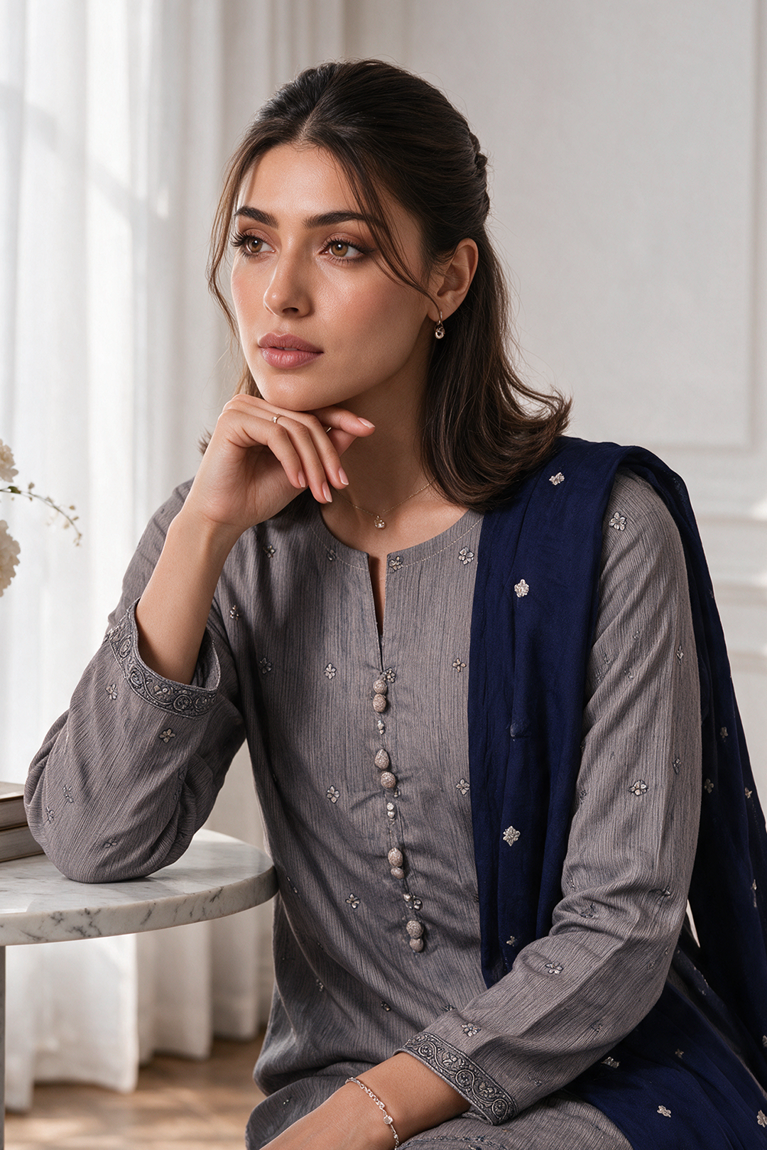 Embroidered Kurta Shawl Trouser - 3416