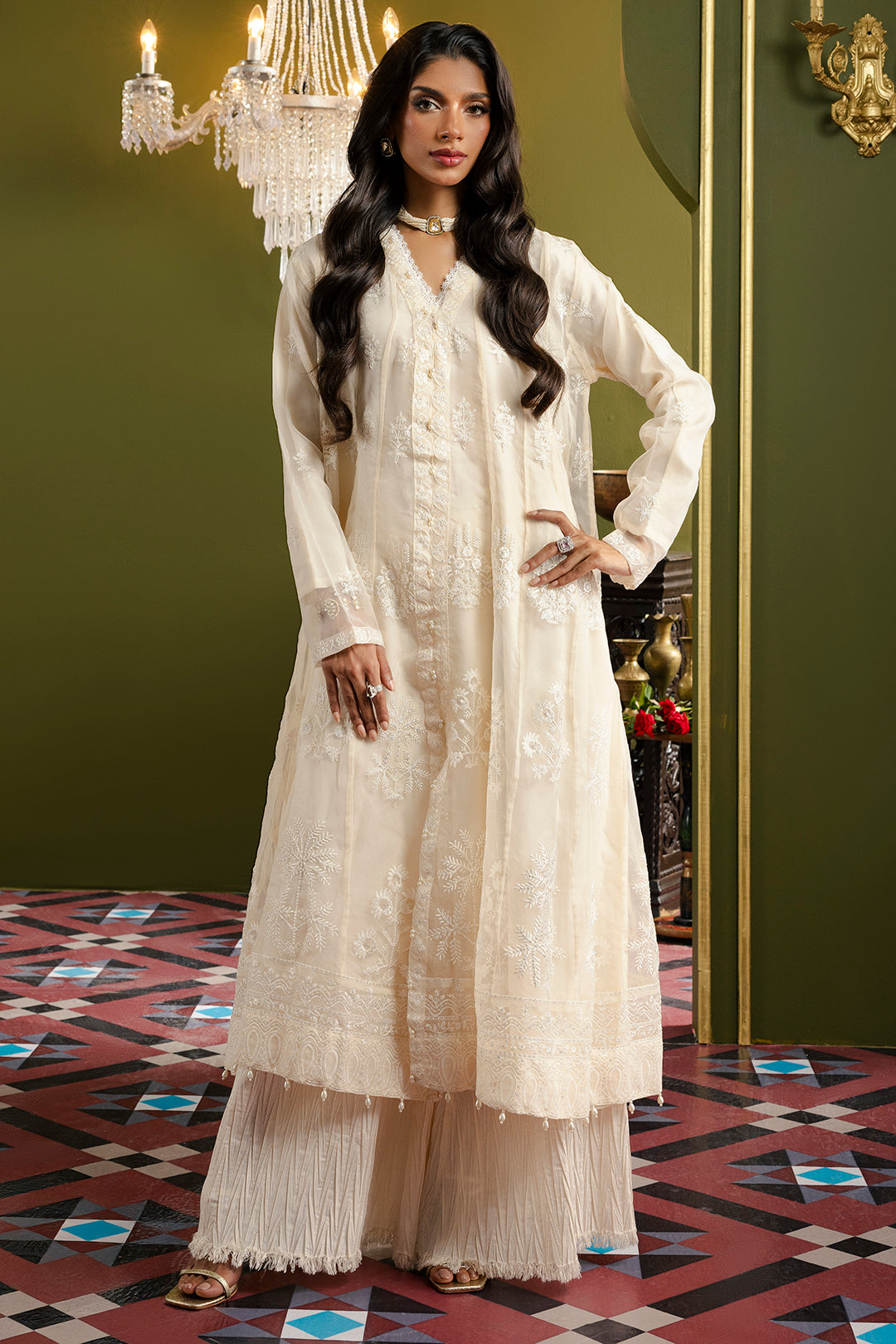 Front Open Frock With Crushed Plazo - 0711
