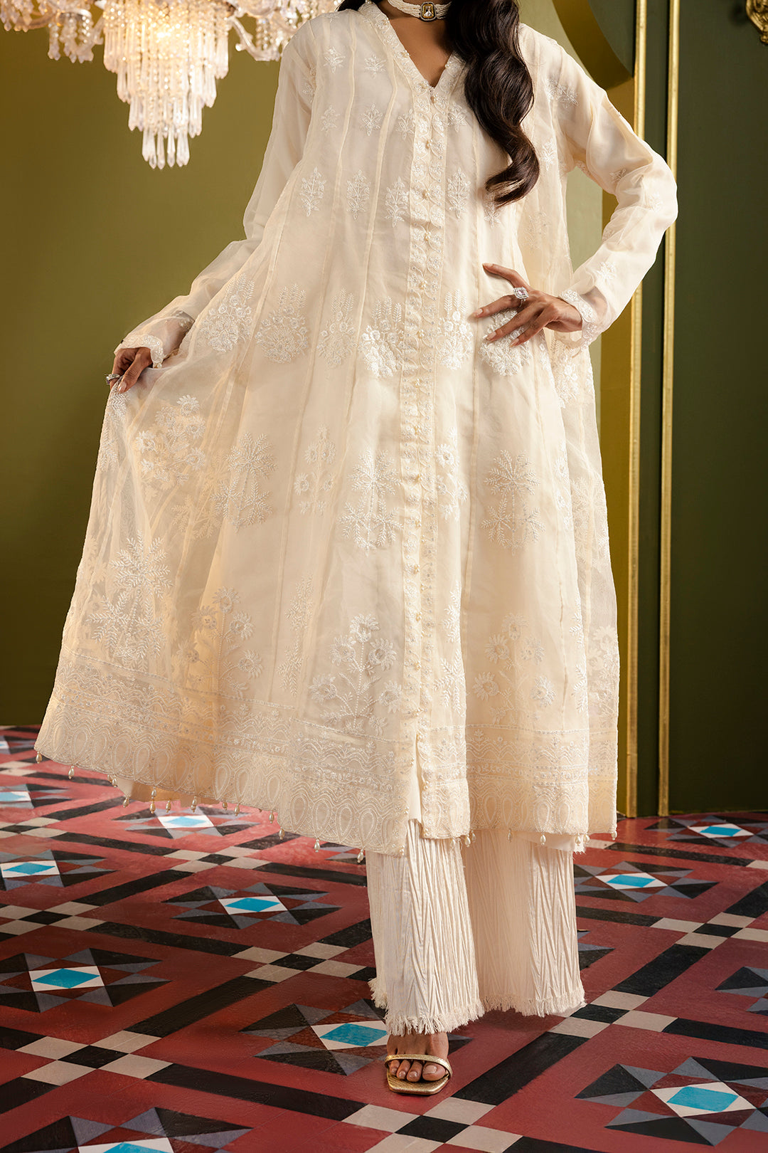 Front Open Frock With Crushed Plazo - 0711