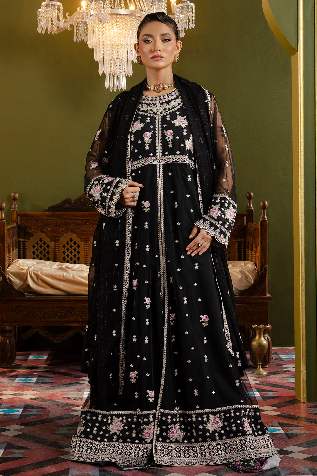 Front Open Frock With Flared Pant & Dupatta - 0717