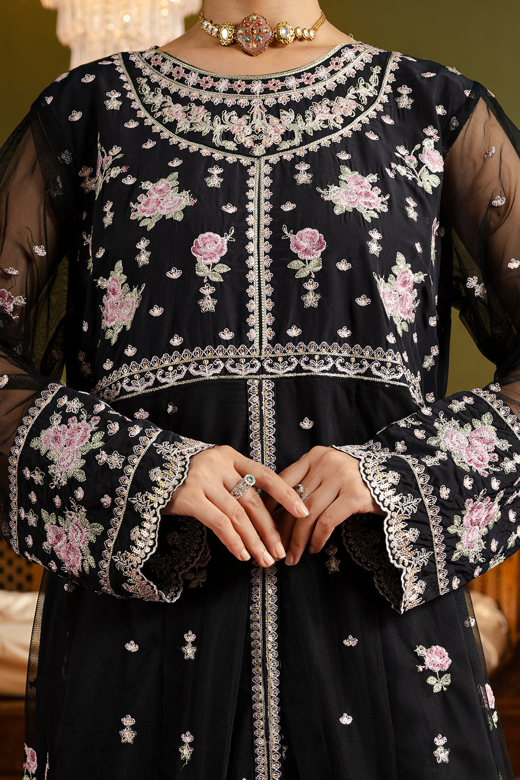 Front Open Frock With Flared Pant & Dupatta - 0717