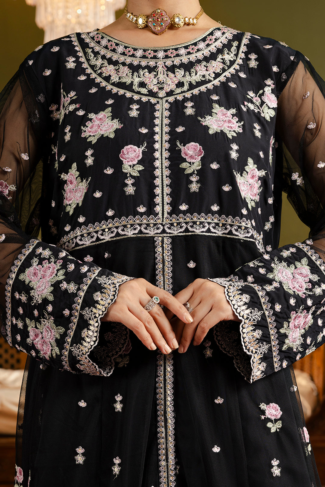 Front Open Frock With Flared Pant & Dupatta - 0717