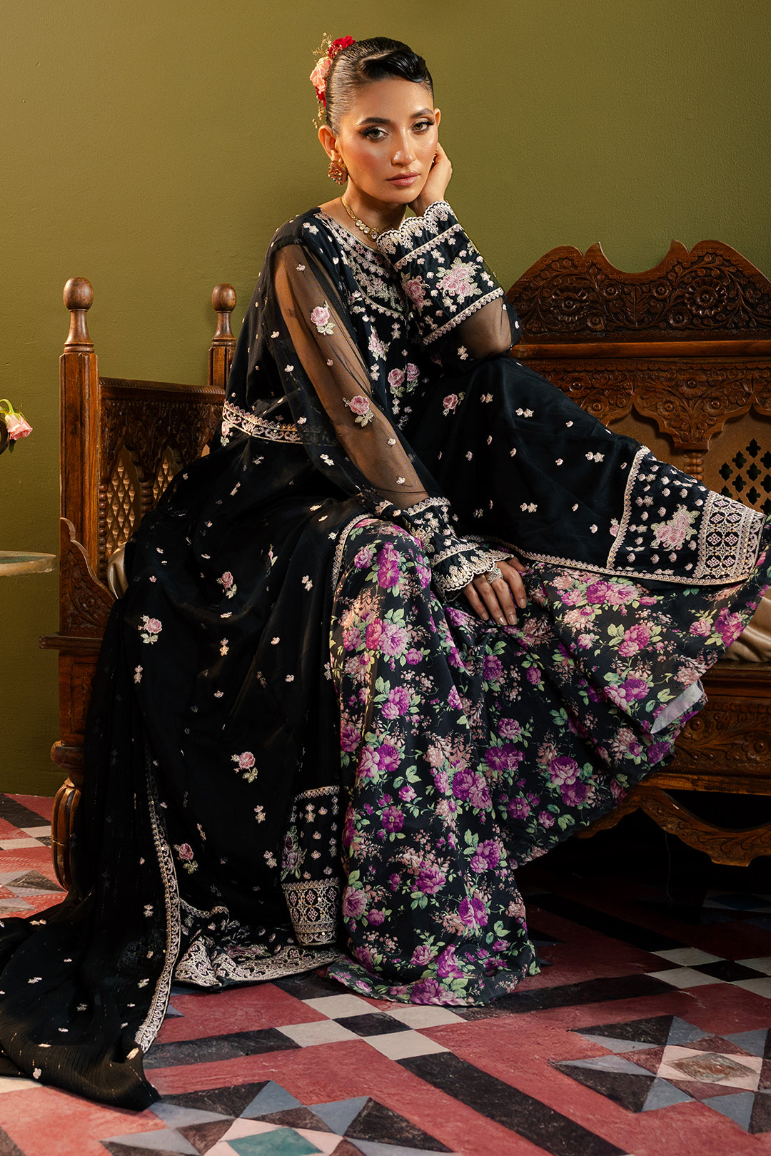 Front Open Frock With Flared Pant & Dupatta - 0717