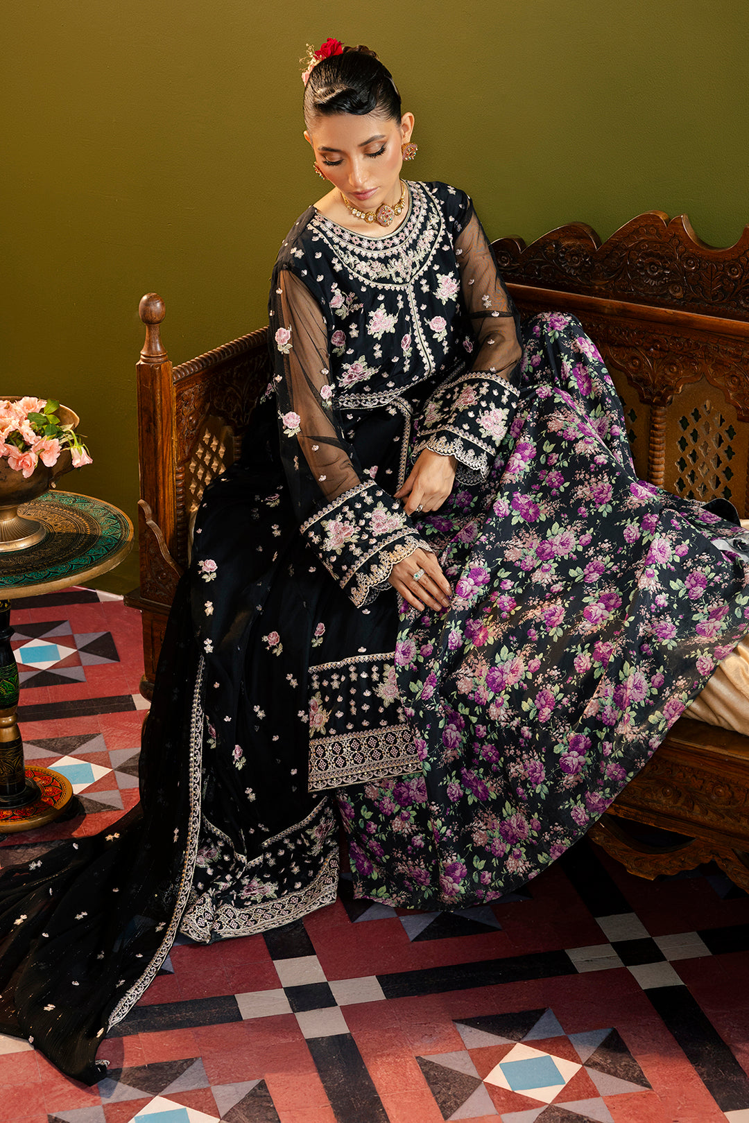 Front Open Frock With Flared Pant & Dupatta - 0717