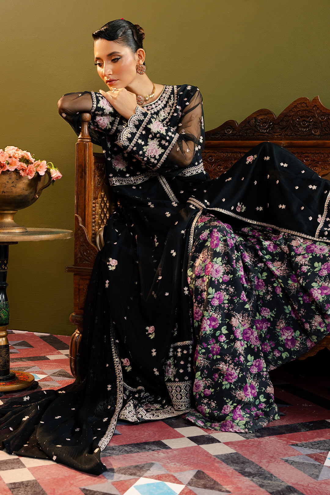 Front Open Frock With Flared Pant & Dupatta - 0717