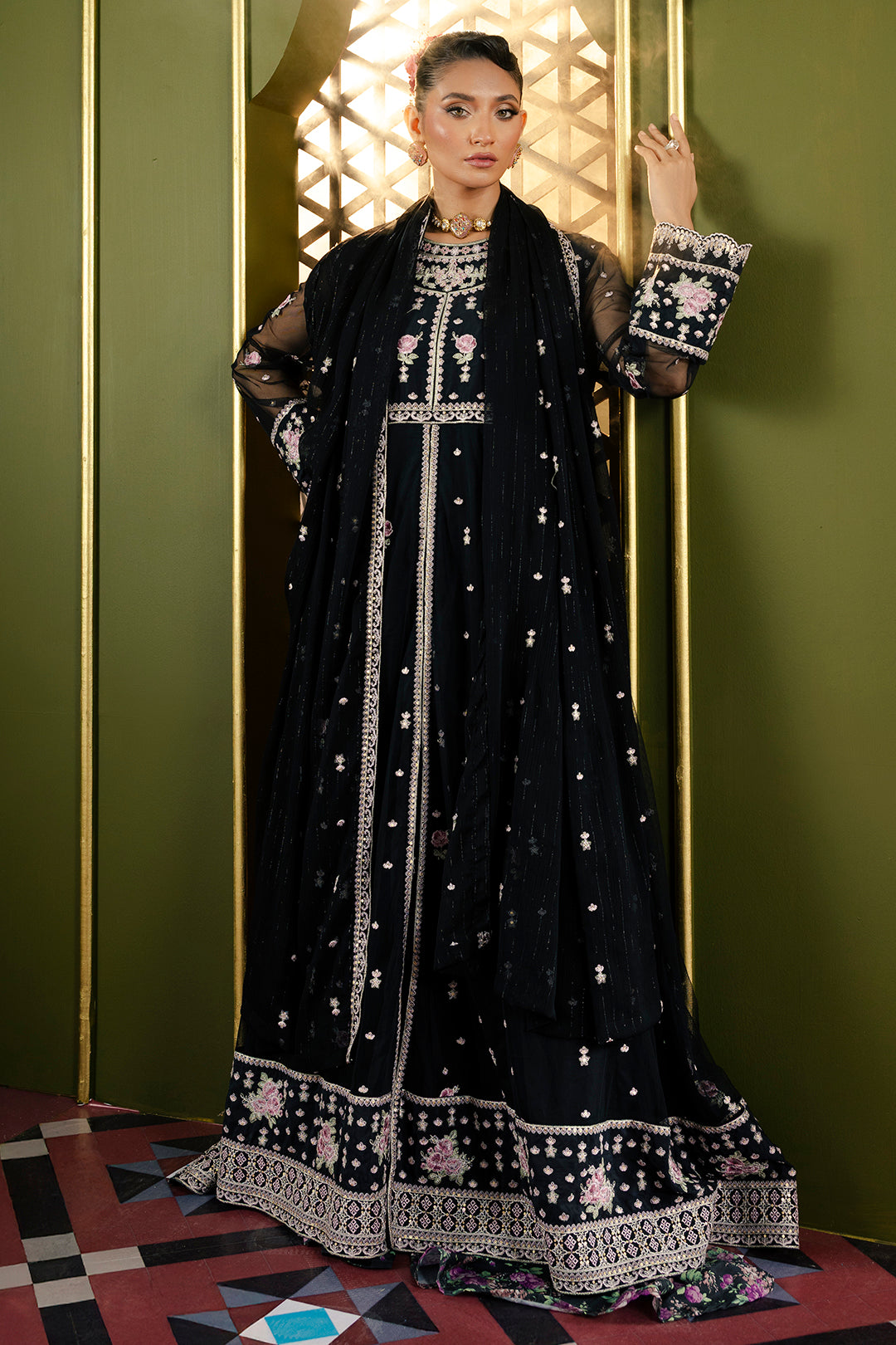 Front Open Frock With Flared Pant & Dupatta - 0717