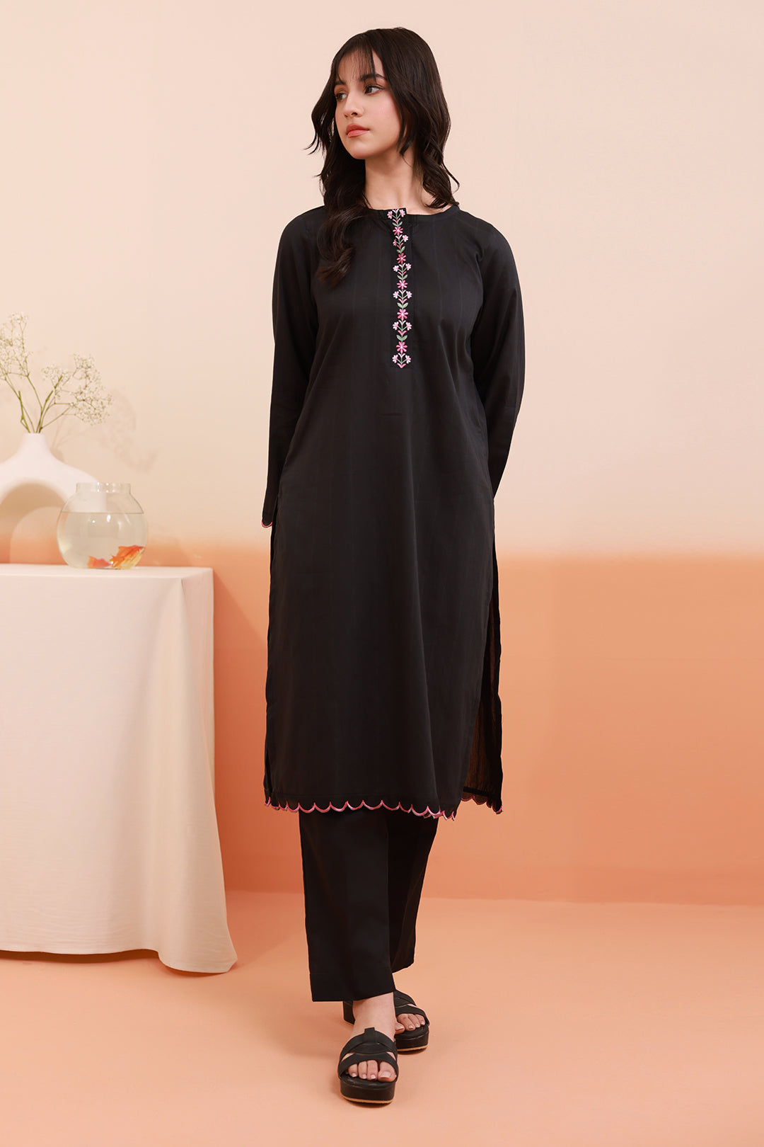 Rust Cotton Embroidered Kurta with Plain Trouser