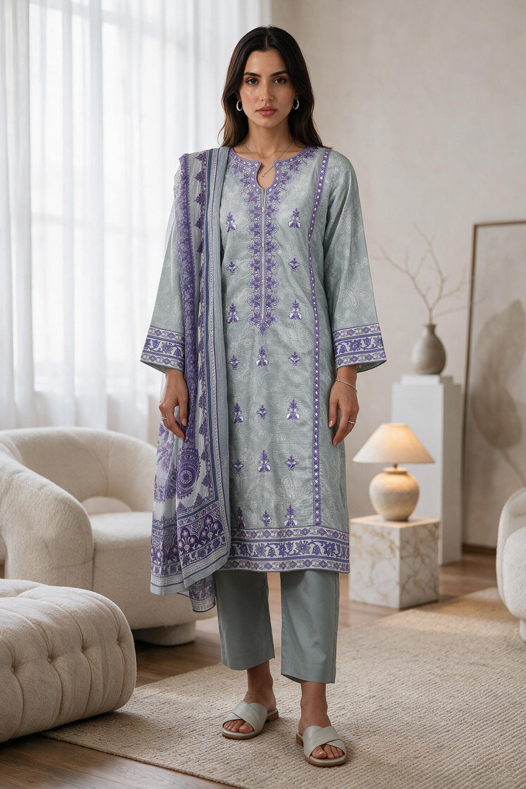 Embroidered Kurta Dupatta Trouser - 2530