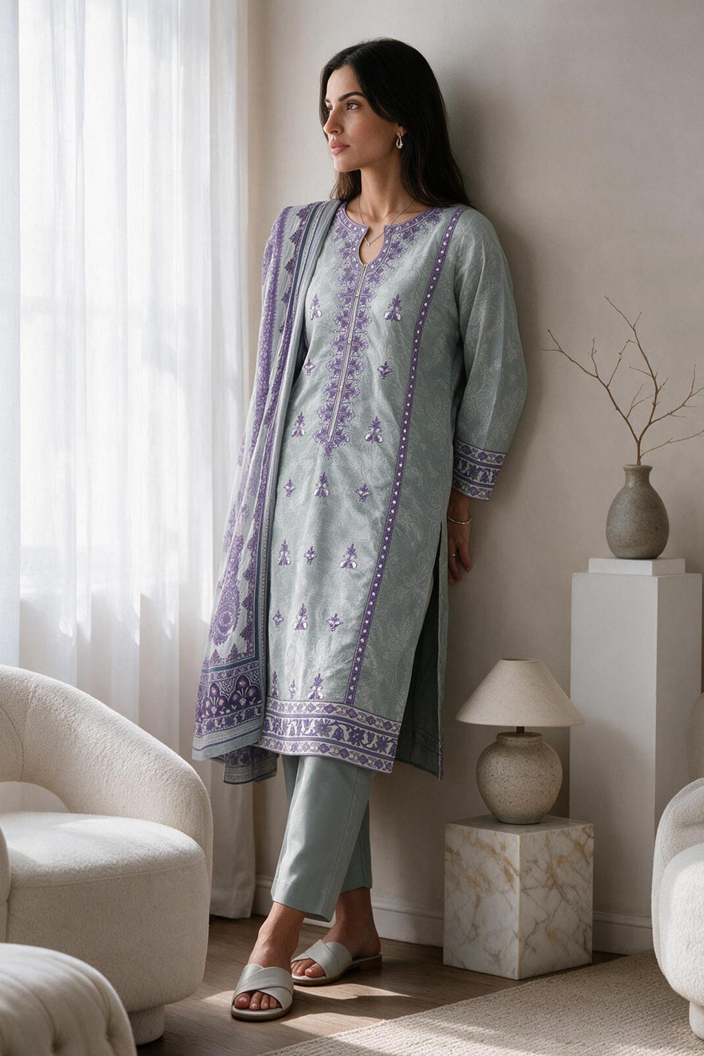 Embroidered Kurta Dupatta Trouser - 2530