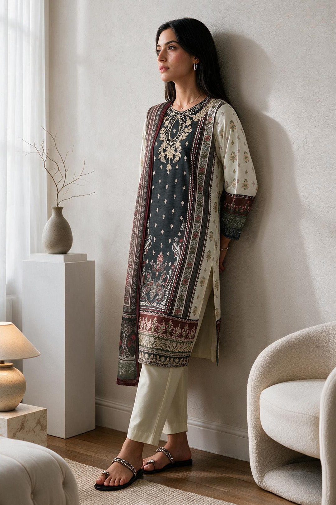 Embroidered Kurta Dupatta Trouser - 3313