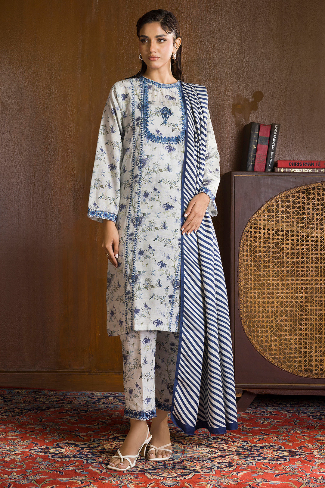 Embroidered Kurta Shawl Trouser - 3015