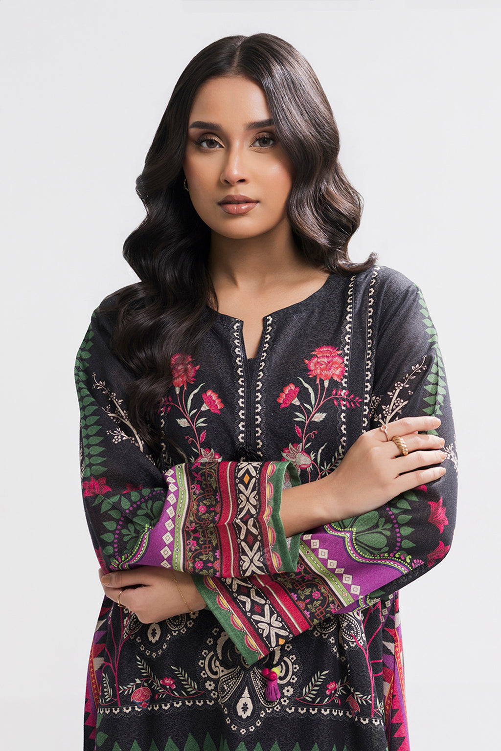 Printed Kaftaan Slub Textured Dress - 2893