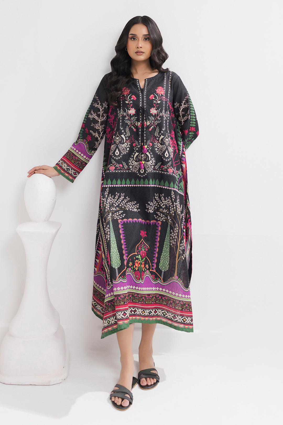 Printed Kaftaan Slub Textured Dress - 2893