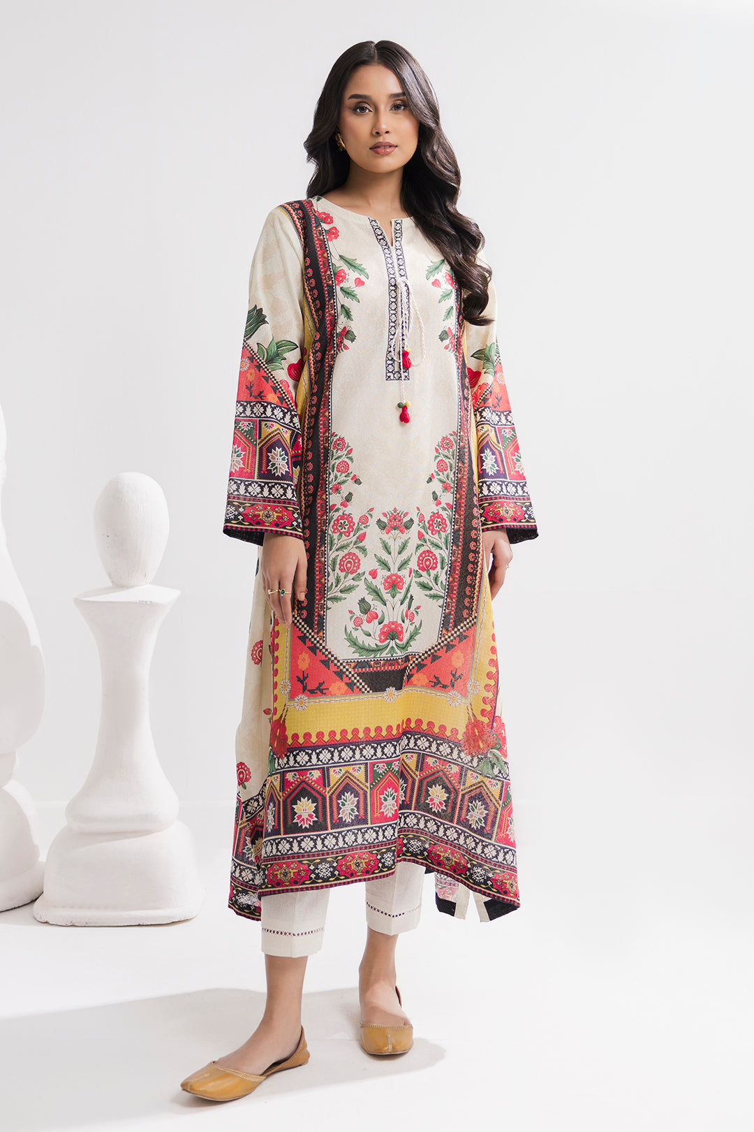 Printed Kaftaan Slub Textured Dress - 2894