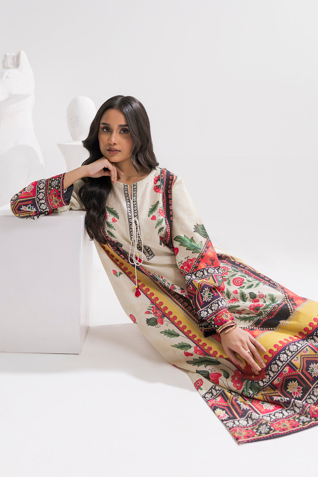 Printed Kaftaan Slub Textured Dress - 2894