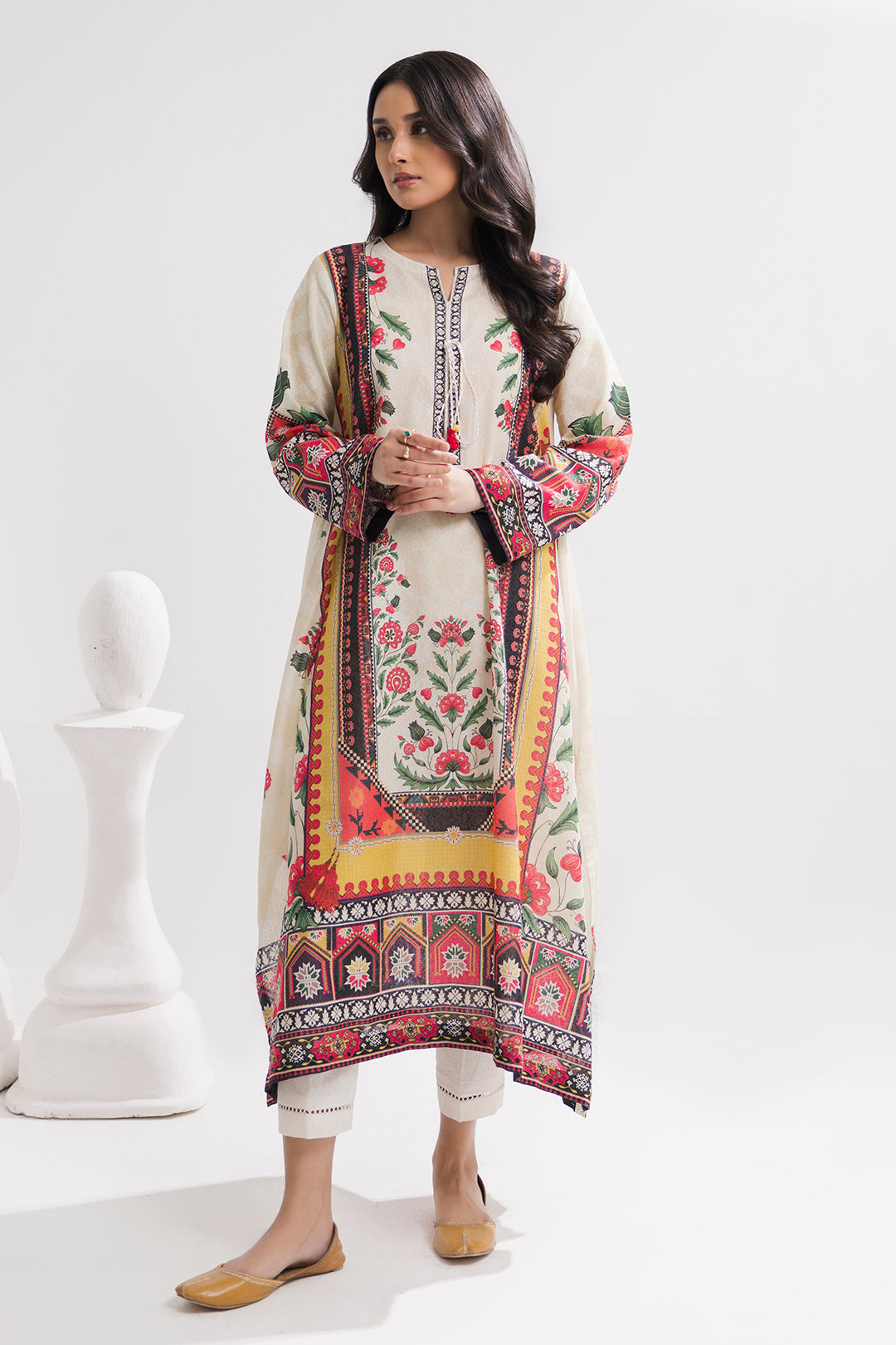 Printed Kaftaan Slub Textured Dress - 2894