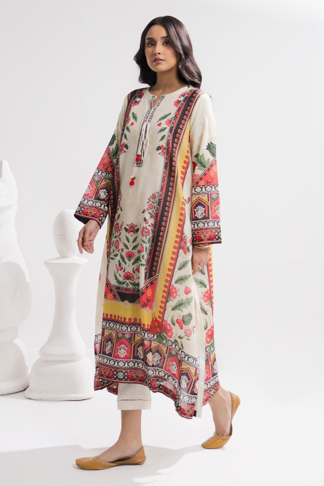 Printed Kaftaan Slub Textured Dress - 2894