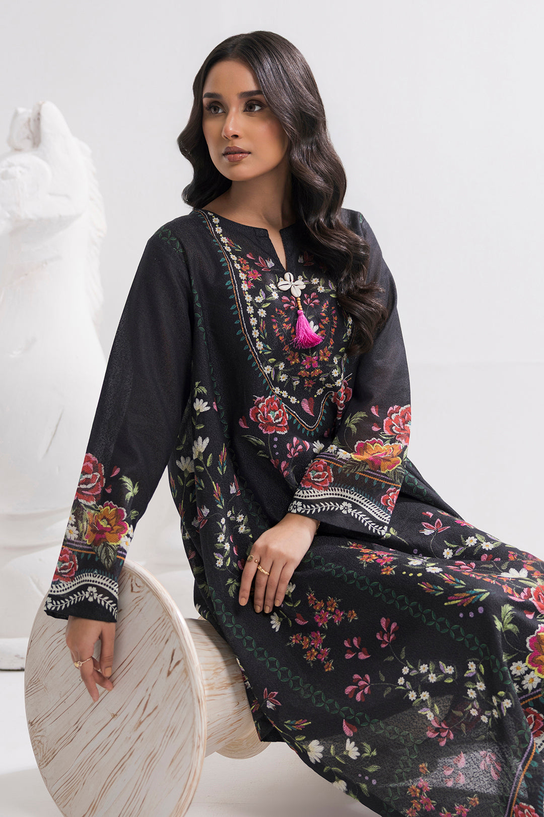 Printed Kaftaan Slub Textured Dress - 2895