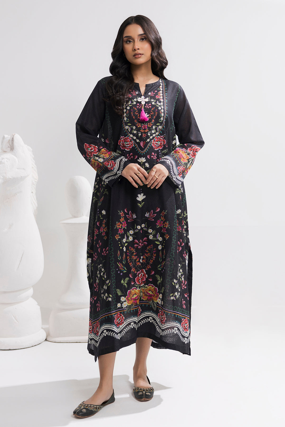 Printed Kaftaan Slub Textured Dress - 2895