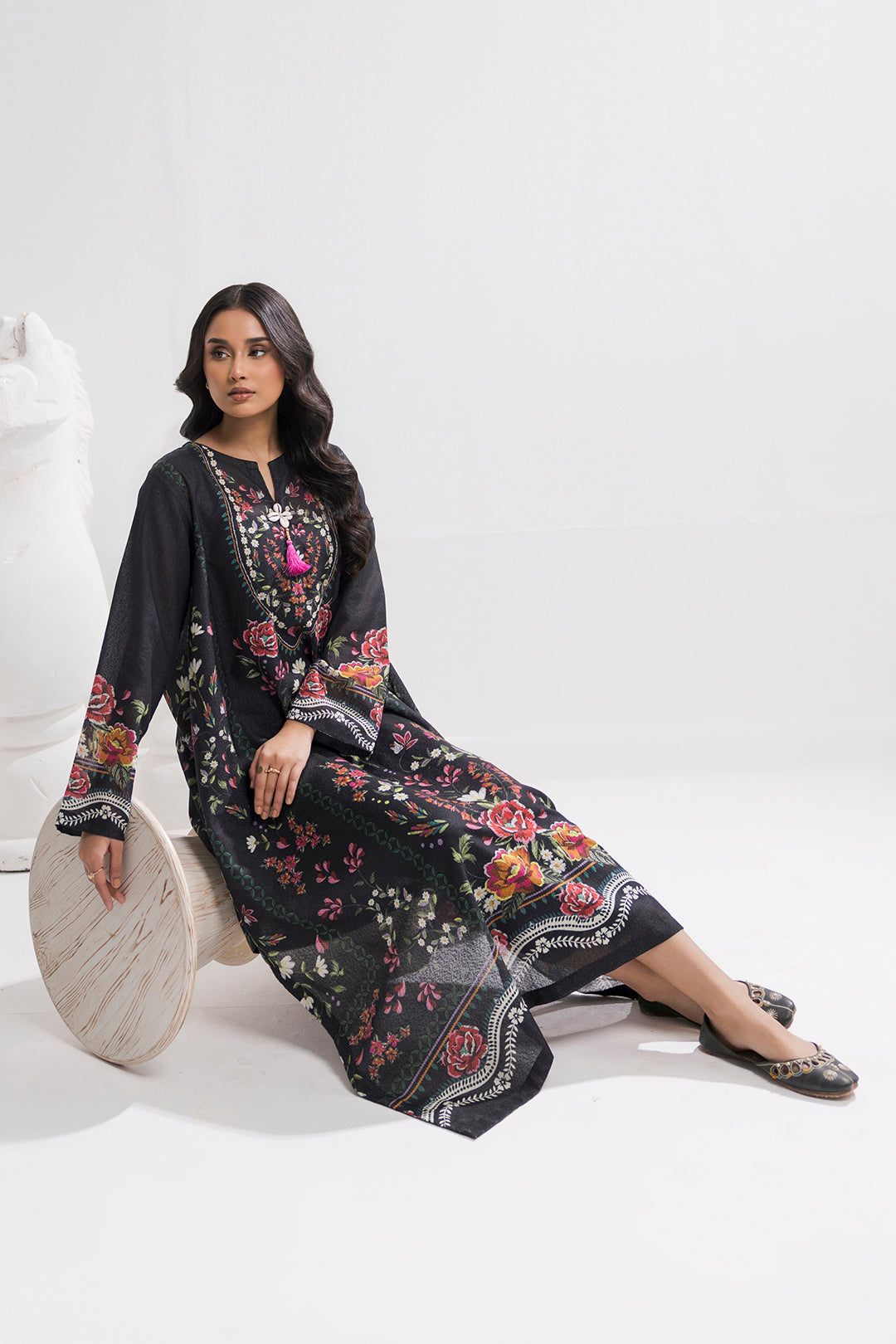 Printed Kaftaan Slub Textured Dress - 2895