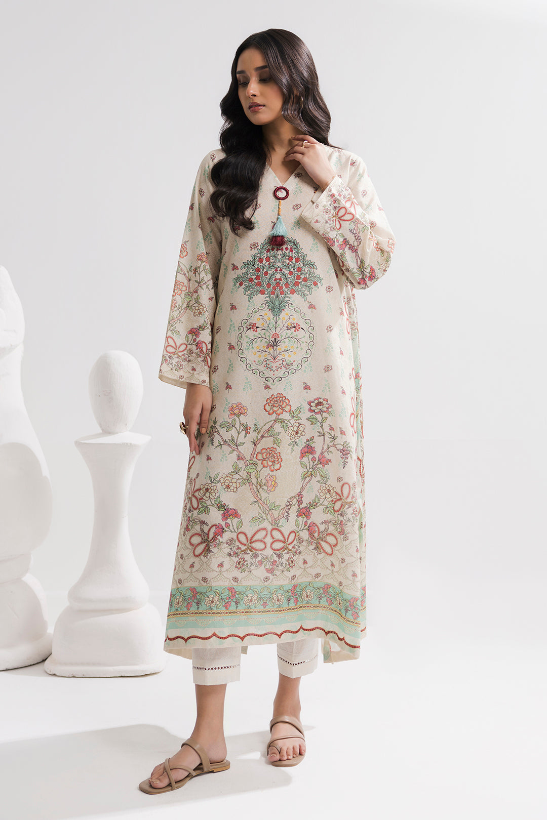 Printed Kaftaan Slub Textured Dress - 2896