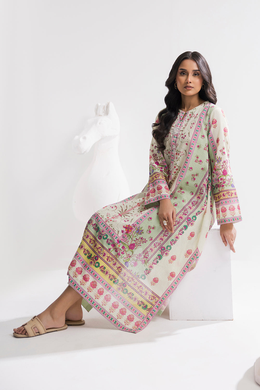 Printed Kaftaan Slub Textured Dress - 2897