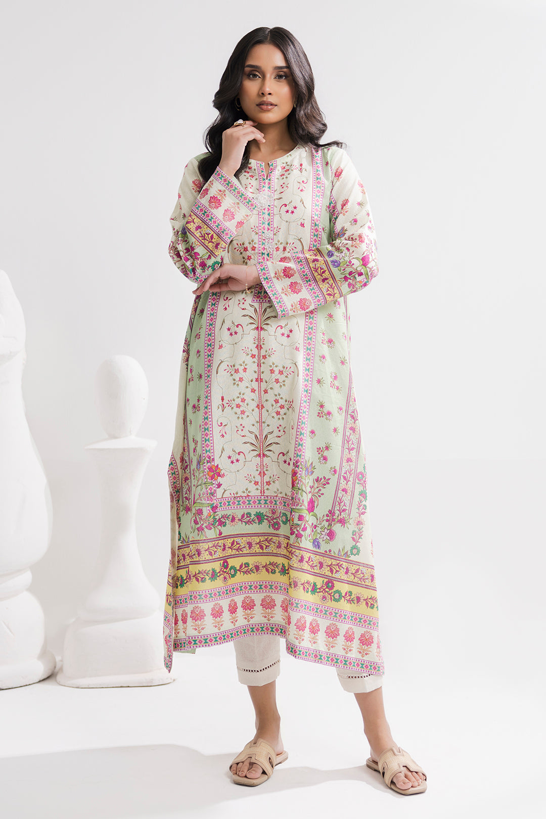 Printed Kaftaan Slub Textured Dress - 2897