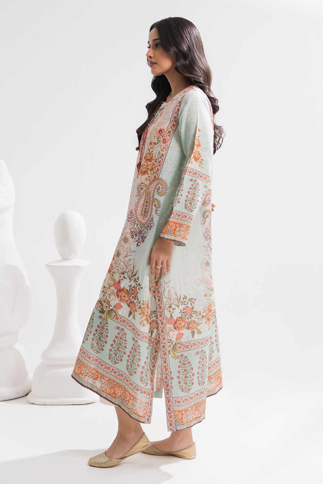 Printed Kaftaan Slub Textured Dress - 2898