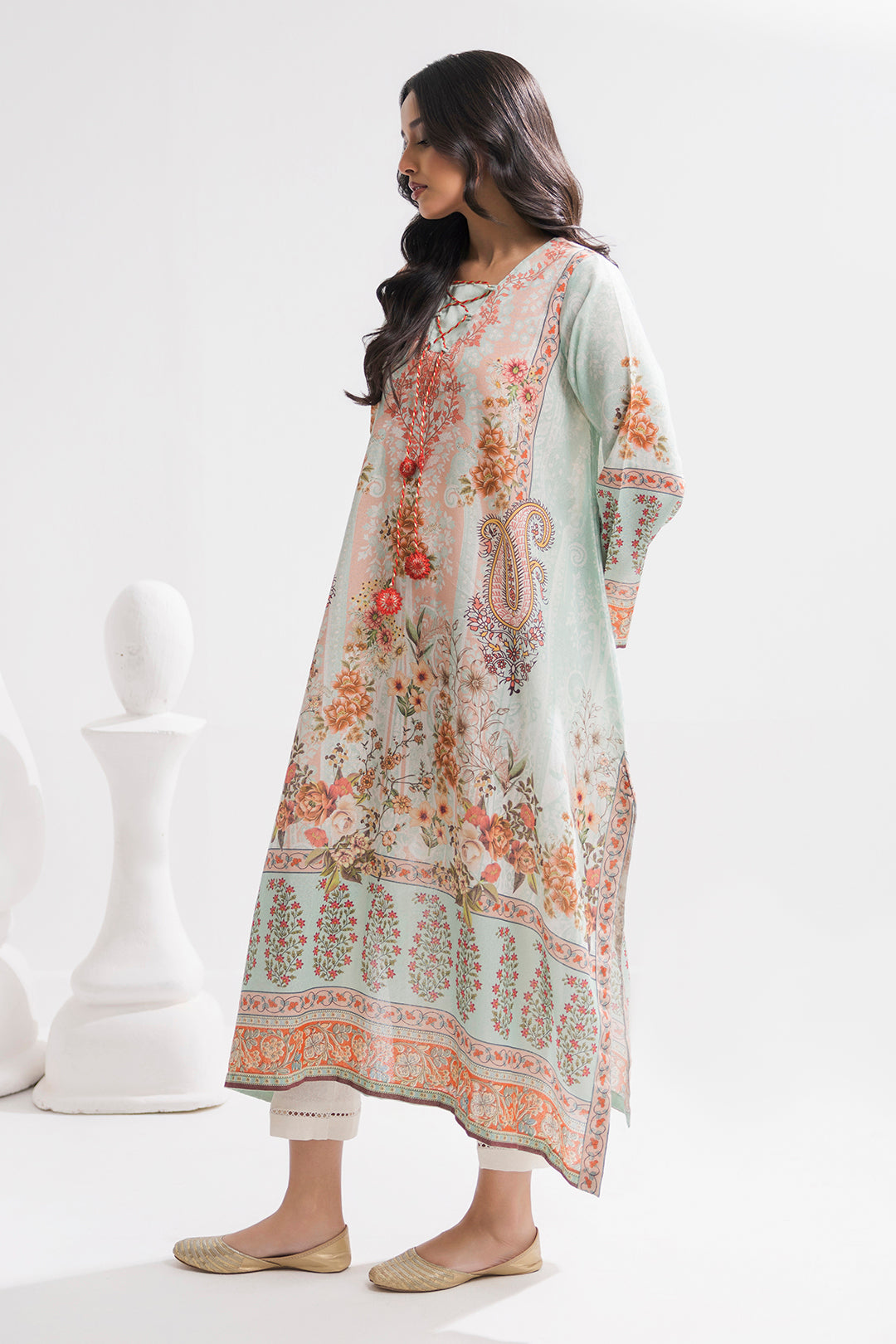 Printed Kaftaan Slub Textured Dress - 2898