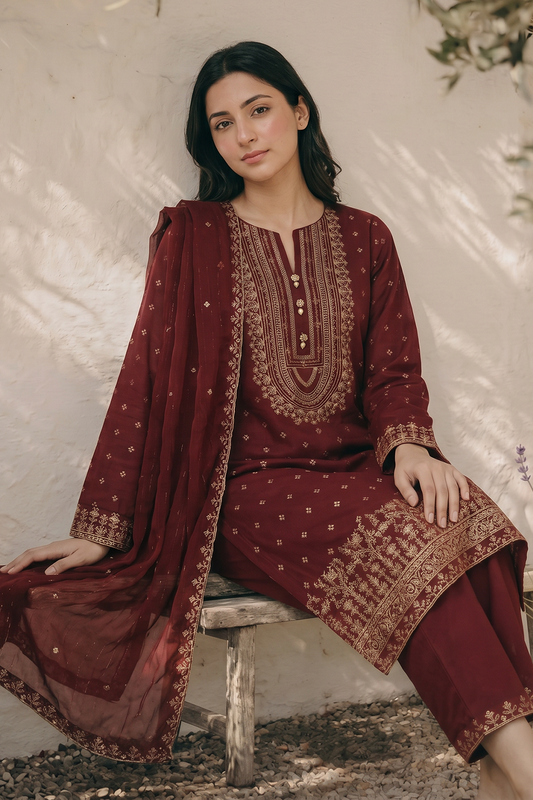 Embroidered Kurta Dupatta Trouser - 2535