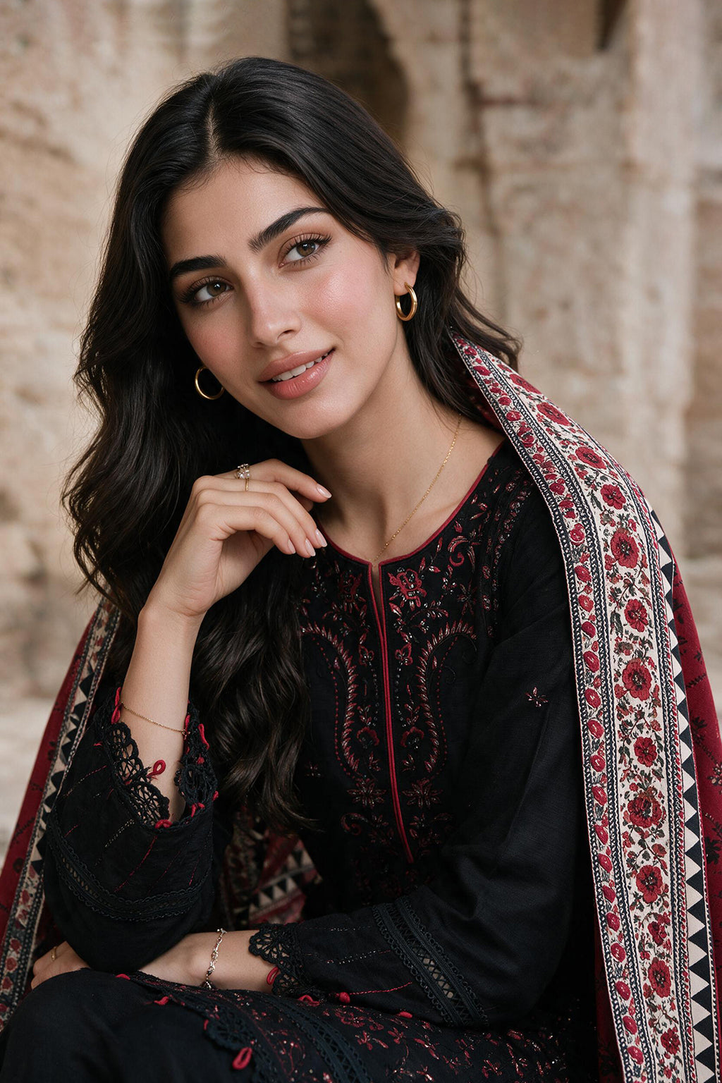 Embroidered Shirt Shalwar Shawl - 0173
