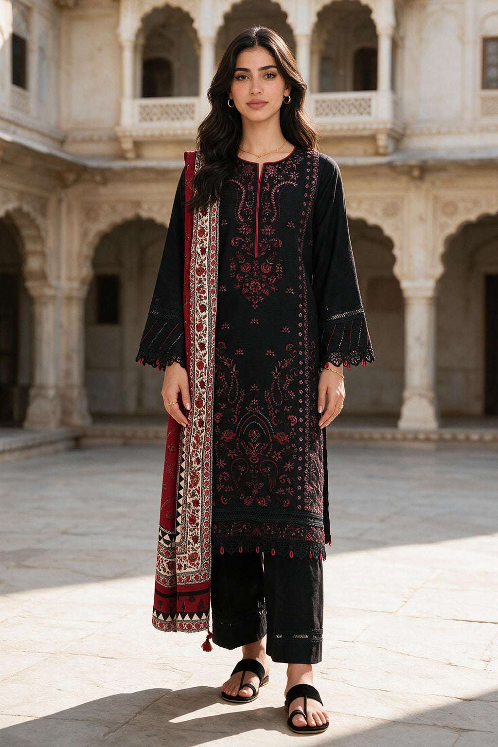 Embroidered Shirt Shalwar Shawl - 0173