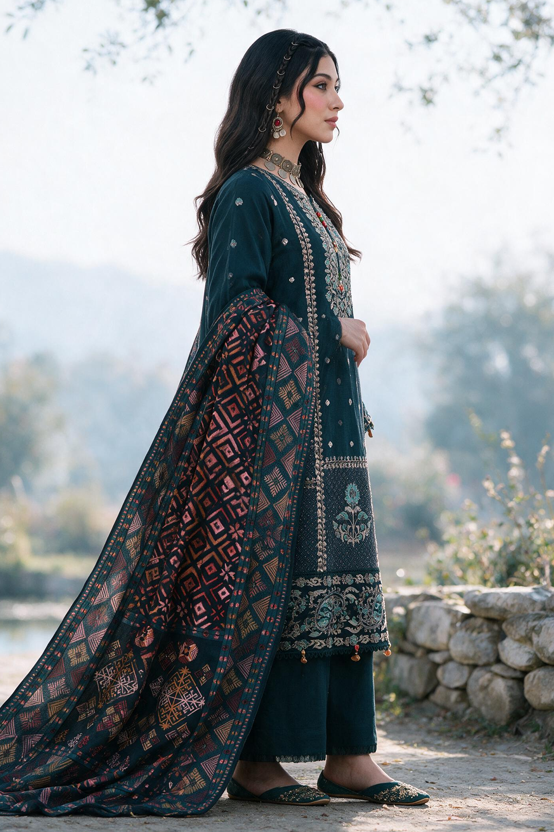 Embroidered Shirt Shalwar Shawl - 0335
