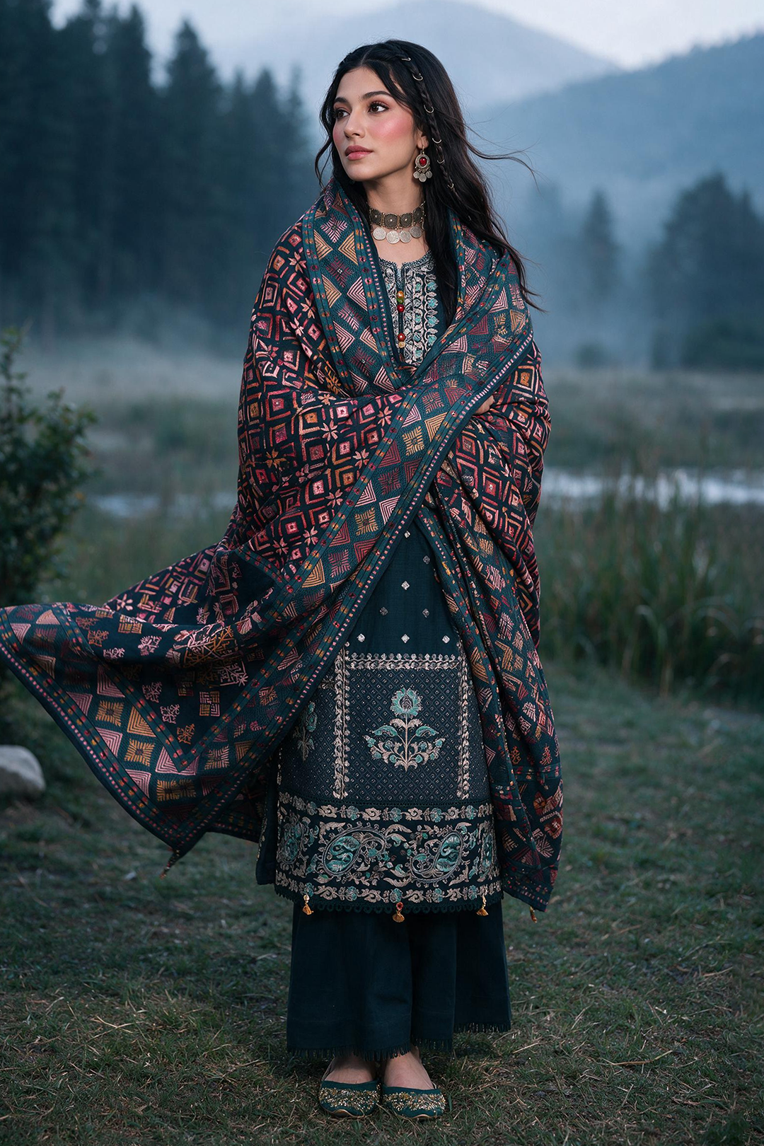 Embroidered Shirt Shalwar Shawl - 0335
