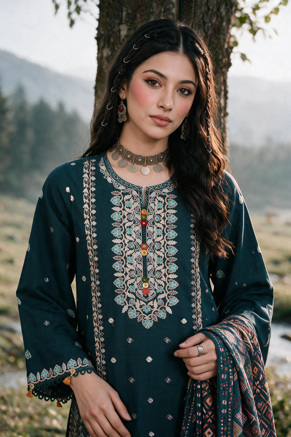 Embroidered Shirt Shalwar Shawl - 0335