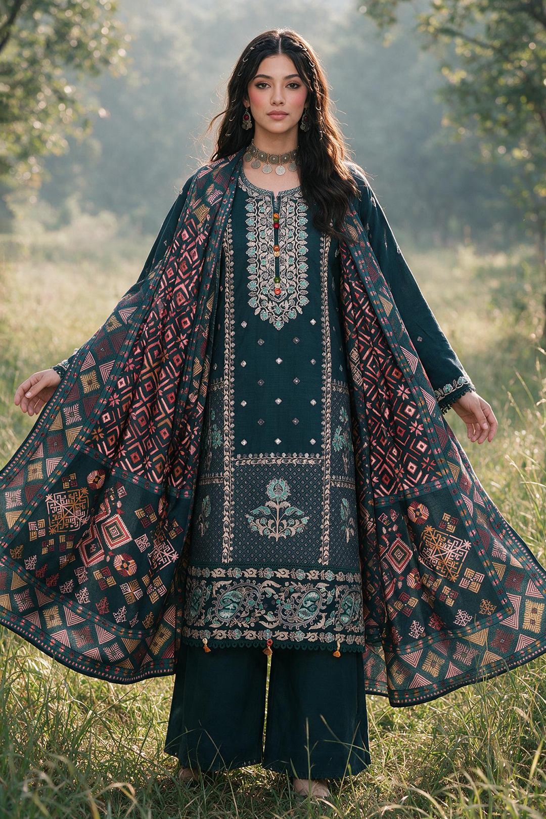 Embroidered Shirt Shalwar Shawl - 0335