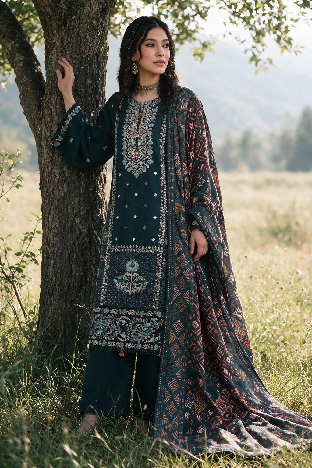 Embroidered Shirt Shalwar Shawl - 0335