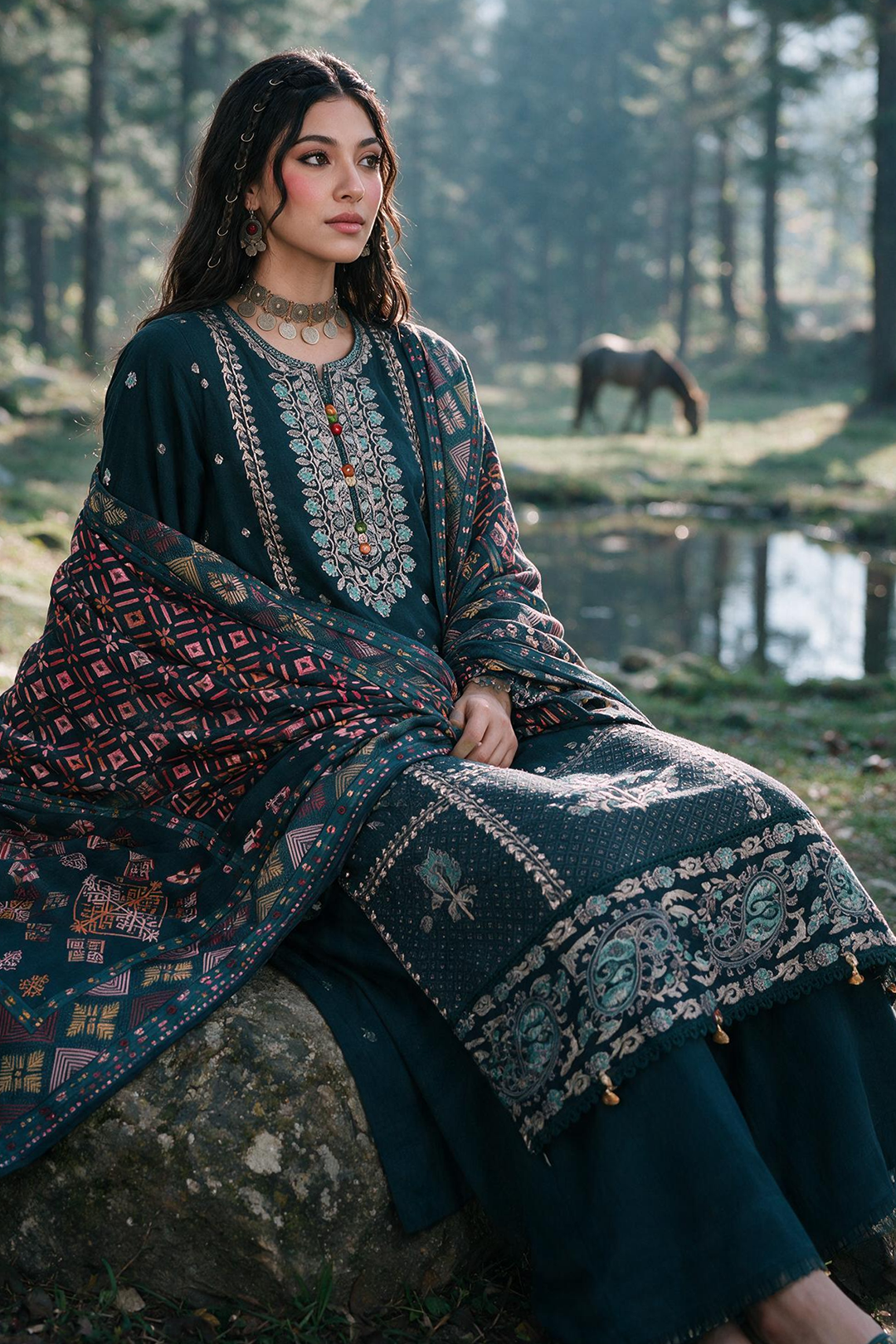 Embroidered Shirt Shalwar Shawl - 0335