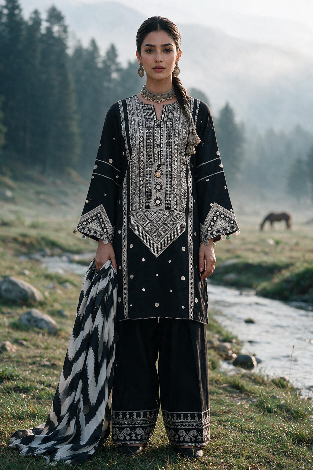 Embroidered Shirt Shalwar Shawl - 0336