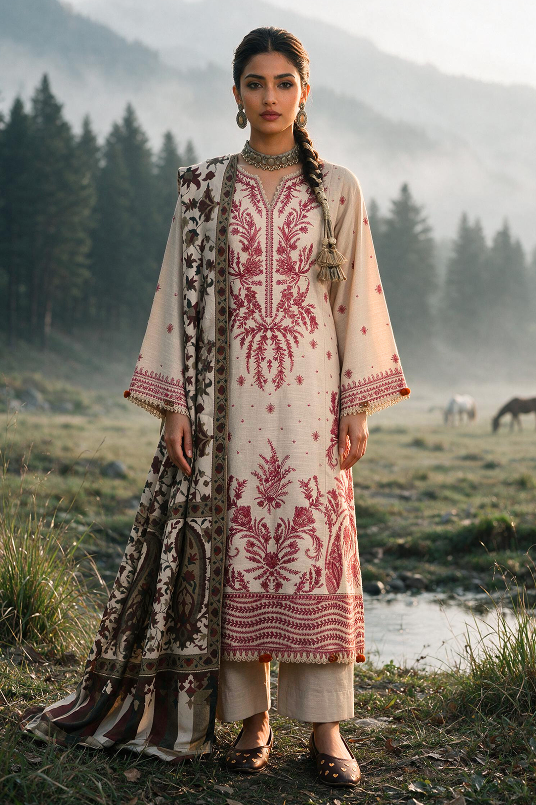 Embroidered Shirt Shalwar Shawl - 0338