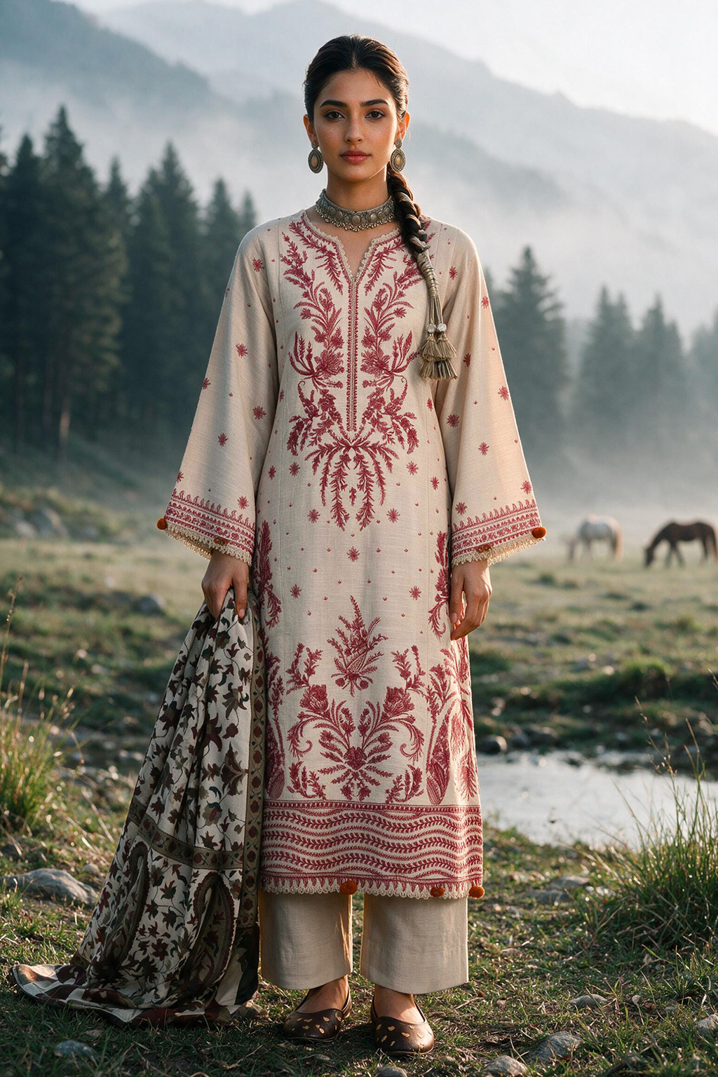 Embroidered Shirt Shalwar Shawl - 0338