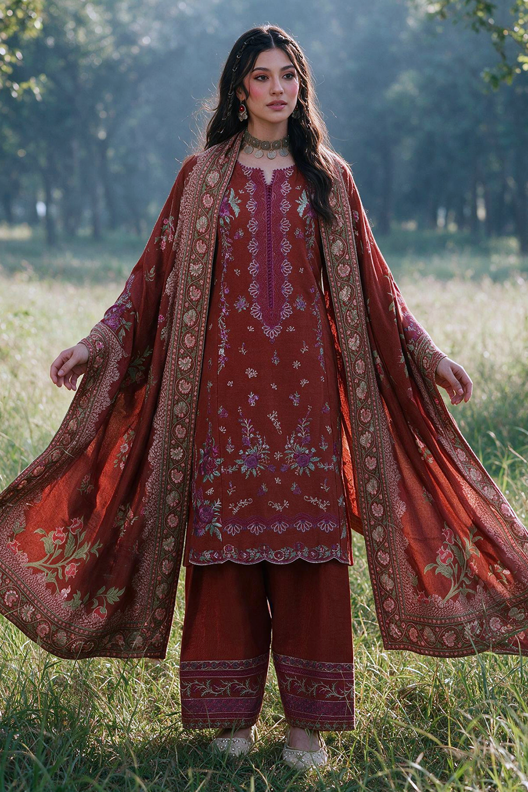 Embroidered Shirt Shalwar Shawl - 0339